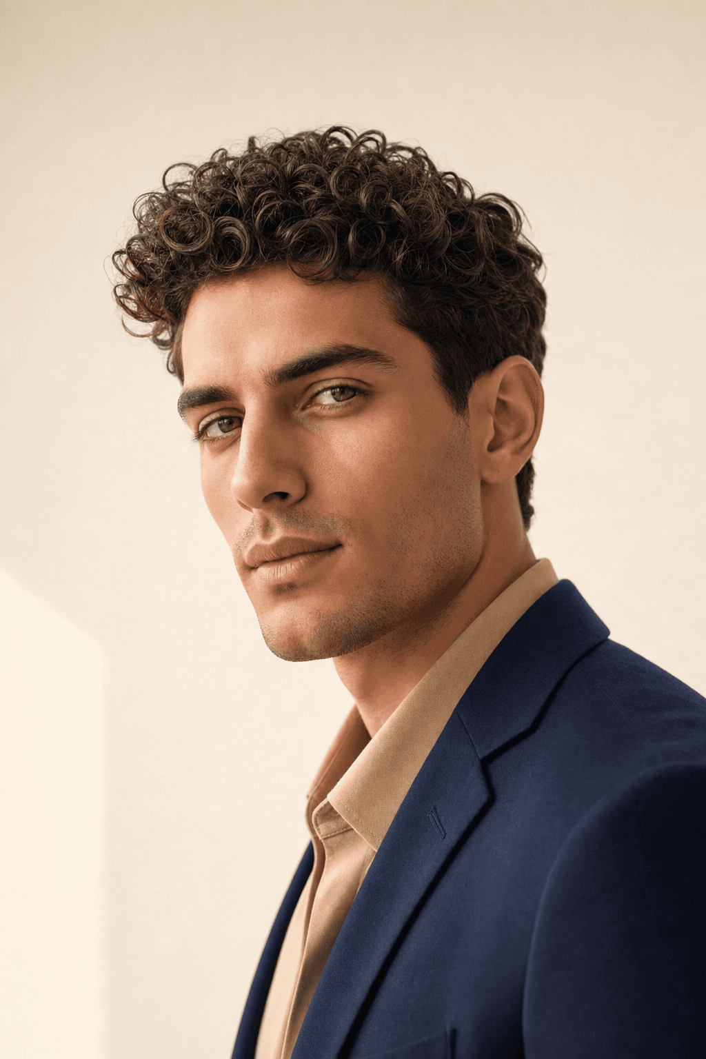 Man with short defined curly hair